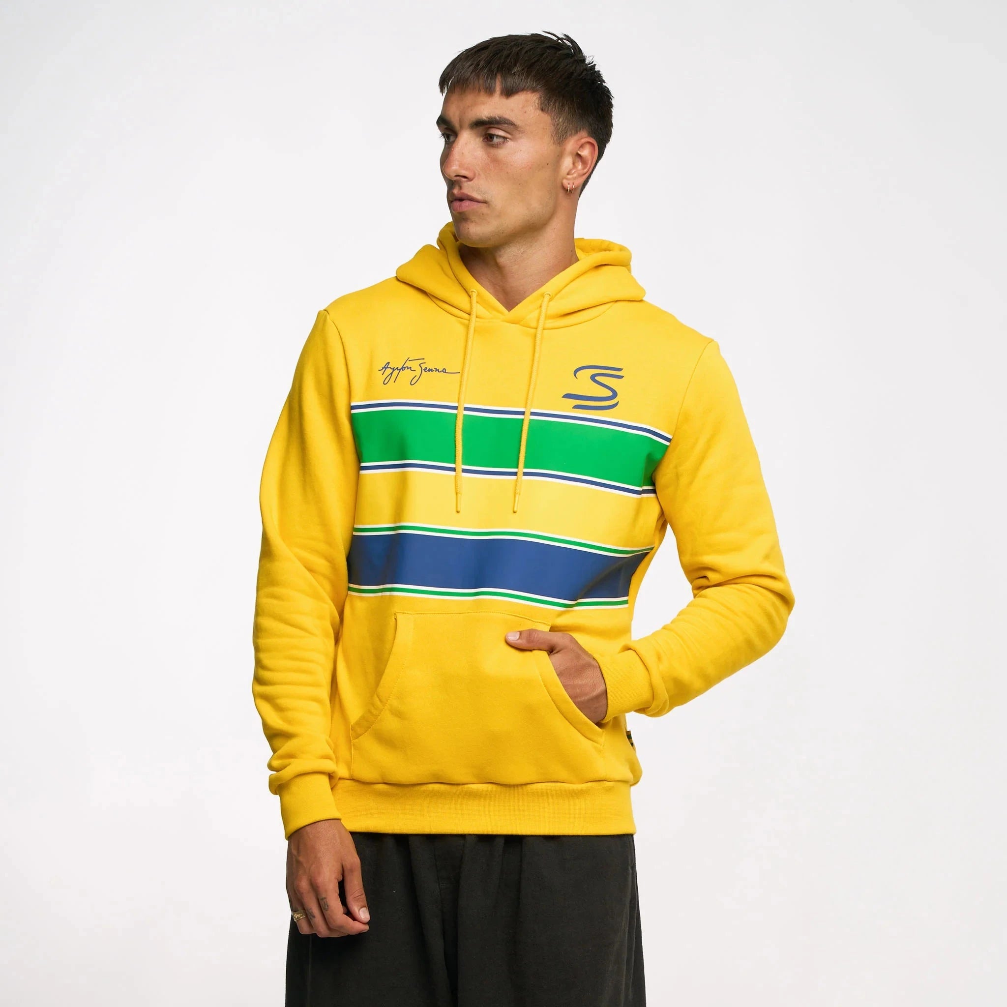 Ayrton Senna F1 Stripe Pullover Hoodie - White/Yellow – Image 6
